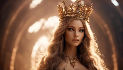 Wall Mural - Beautiful queen. Fantastic queen wearing a golden crown. Lush hair. Gold clothes. Selective focus. AI generated