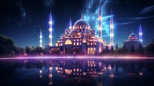 A Beautiful Mosque By The Pond Of Islamic Worship With The Galaxy In The Night Sky AI Generated Photo