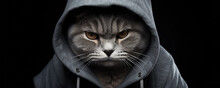 Cat Dressed In A Hood On Dark Background.