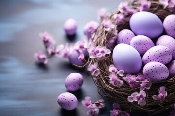  A pile of Easter eggs painted light purple on a blurred background with a bouquet of purple flowers