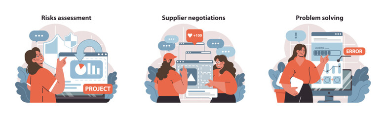 Poster - Project Management skills. Analyzing risks, negotiating with suppliers, and troubleshooting. Key aspects of managing projects visualized. Flat vector illustration.