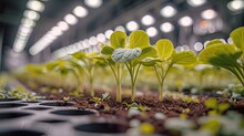 Young Salad Grow In Vertical Farm Under Ultraviolet UV Plant Lights For Cultivation Indoors