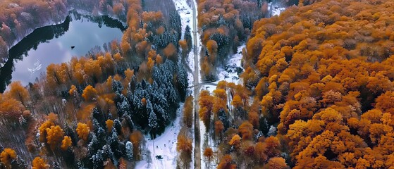 Poster - Aerial photo, autumn meets the First snow in the mountains