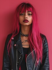 Photorealistic Teen Indian Woman with Pink Straight Hair vintage Illustration. Portrait of a person in Punk Subculture aesthetics. DIY fashion. Ai Generated Vertical Illustration.