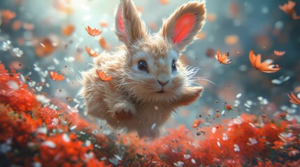 A rabbit is jumping in the air among flowers