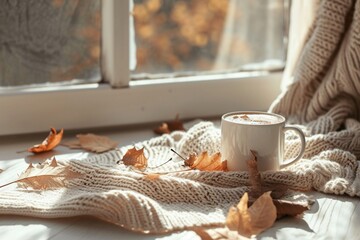 Wall Mural - Coffee cup and fall light brown leaves on neutral light beige knitted sweater on beige table and white wall background with sunlight shadow. Aesthetic pastel autumn still life