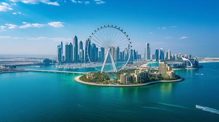 Wall Mural - Bluewaters island and Ain Dubai ferris wheel on in Dubai, United Arab Emirates aerial view. New leisure and residential area in Dubai marina area 