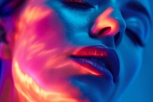Generative AI Image Of An Artistic Woman Face With Eyes Closed With Glowing Pink Eyes And Vibrant Pink Lips Set Against A Blue Background