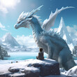 White dragon and child on the shore.