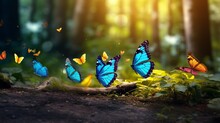 Group Of Colorful Butterflies On The Ground And Flying In Nature Forest