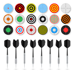 Sticker - Paper targets with dart arrows and shadows. Shooting range round target, divisions, marks and numbers. Gun shooting practise and training, sport competition. Bullseye and aim. Vector illustration