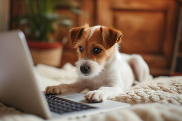 Portrait of a r dog in front of a laptop dog using the keyboard on computer. dog sitting at table with computer in front. Creative idea concept. Concept of business and remote work. Online shopping fo