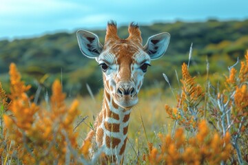 Wall Mural - A majestic giraffe stands tall among a sea of vibrant flowers, basking in the beauty of the natural world and reminding us of the grace and wonder of terrestrial animals