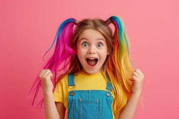 Wall Mural - Beauty little Girl portrait with Colorful Hair. Young happy satisfied excited fun surprised amazed girl with color hair in color casual clothes spread hands look camera isolated on plain pink backgrou