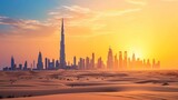 Fototapeta Nowy Jork - Dubai skyline in desert at sunset. 