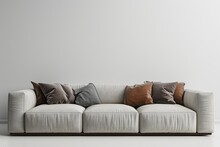 Livingroom Interior Wall Mock Up With Gray Fabric Sofa And Pillows On White Background With Free Space On Right. 3d Rendering.
