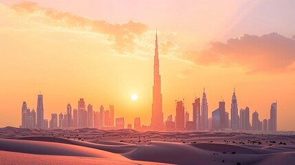 Wall Mural - Dubai skyline in desert at sunset. 