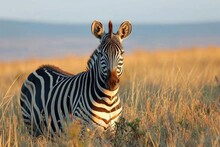A Majestic Zebra Stands Tall Amidst The Vibrant Green Grass Of The Savanna, Embodying The Wild Beauty Of This Terrestrial Mammal In Its Natural Habitat