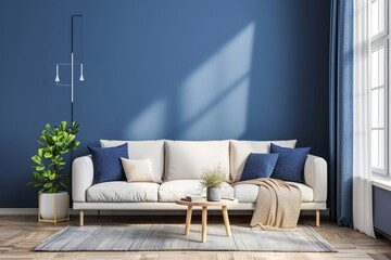 Wall Mural - Modern cozy living room and blue wall texture background interior design / 3D rendering
