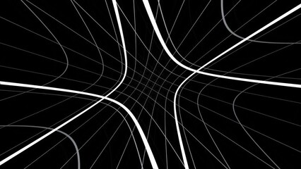 Wall Mural - 3d abstract spider web black and white background. Glowing neon light stripes in dark space. Lines isolated black. Loop animation 30fps 4k