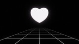 Fototapeta Przestrzenne - 3d abstract neon glow white heart on black background. Retro synthway retrowave 80s 90s laser love videogame style road. Futuristic sci-fi.