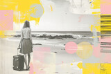 Fototapeta  - Contemporary halftone paper art collage of girl with suitcase on ocean beach. Summer travel concept. Generative AI