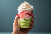 Woman holding plastic cup of strawberry matcha frozen yogurt or soft ice cream
