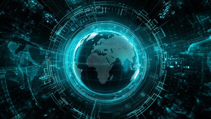 Poster - an image of the world globe with blue technology around it Generative AI
