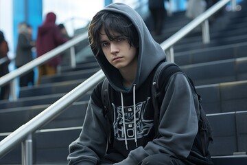 A young guy in a gray hoodie sits on the steps