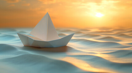 paper boat in shallow water of sea at sunset, space for text. paper boat on sandy beach near sea. Freedom, dreams and fantasies concept.