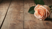 Single Peach Rose With Green Leaves In Full Bloom On Rustic Wooden Background - Vector Illustration For Valentine’s Day, Mother’s Day, Anniversary, Birthday, Condolences - Generative AI