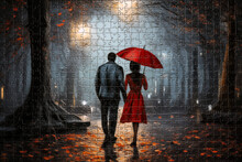 Silhouette Of A Man And A Woman In A Red Dress With An Umbrella In The Rain, Jigsaw Puzzle