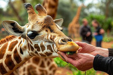 A majestic giraffe delicately feeds from a person's hand in the serene outdoor setting, showcasing the wild beauty of this terrestrial animal as it stands tall under a tree at the zoo