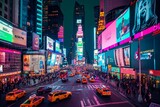 Fototapeta Nowy Jork - Helicopter Night Tour Illuminated Times Square with Green Screen Mock Up Advertising Templates and Tourists Enjoying