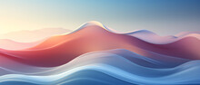 A Pink And Blue Sky With Waves In The Mountains, In The Style Of Futuristic Minimalism, Light Beige And Red, Fine Lines, Delicate Curves, Water And Land Fusion, Desertwave, Uhd, Sleek Metallic Finish