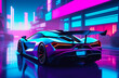Tuned Sport Car , cyberpunk Retro Sports Car On Neon Highway. Powerful acceleration of a supercar on a night track with colorful lights and trails. 3d render, neons, cybercity background.
