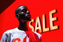 Man Illuminated By The Glow Of A Bold Red Sale Sign.