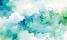 Abstract Background, Blue Green And White Watercolor Background With Abstract Cloudy Sky Concept With Color Splash Design And Fringe Bleed Stains And Blobs