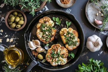 Wall Mural - Rustic cauliflower steaks with green herb sauce and almonds in a well-seasoned pan. Served with olives, capers, and fresh herbs a Mediterranean feast