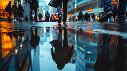 Rainy day in the city with people walking on the street.