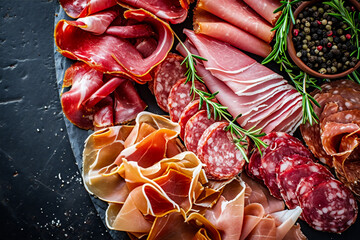 Sliced salami, jamon, prosciutto crudo or jamon. Meat platter with selection