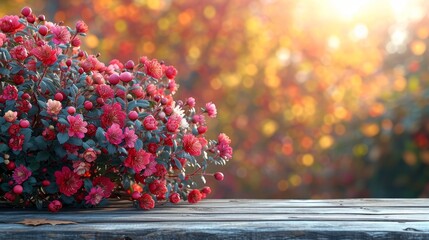 Poster - A bush of colorful flowers sitting on top of a sturdy wooden table.