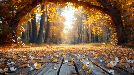 Poster - A wooden floor covered with an array of colorful leaves and vibrant flowers.