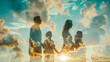 Double exposure portrait of a family blended with a tranquil beach nature background
