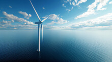 An AI-generated Image Of A Single, Impressive Wind Turbine In The Middle Of The Ocean, Viewed From Above The Turbine Spins Gracefully, Generating Green Energy, Set Against A Backdrop Of A Wide,
