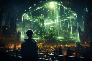 a boy looking at a holographic cube projection on the background of a night metropolis, particles of