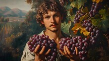 person picking grapes, 
a man holding a bunch of grapes in his hands in a vineyard setting with a bunch of grapes in the foreground