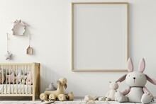 Poster Mockup In Minimal Nursery Design, Wooden Frame On White Interior Background, 3d Render