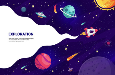 Poster - Cartoon space rocket with chemtrail in starry galaxy for planets exploration, vector background. Space mission cartoon banner with spaceship flying in galaxy space to planets, alien UFO and stars