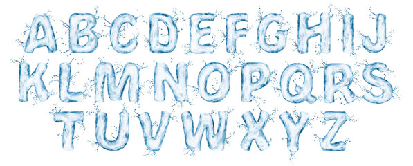 Poster - Realistic water font, flow splash type, liquid aqua typeface, transparent wet english alphabet vector letters with drops and bubbles, 3d typography. Blue water abc letters with flowing liquid effect